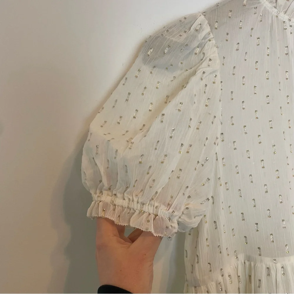 ULLA JOHNSON Dhalia Lurex Tiered Puff Sleeve Metallic Mini Dress \\ 0 - Picture 4 of 10